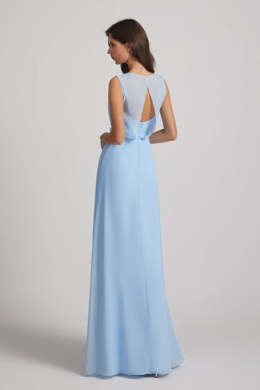 Bias Cut Tie-waist Bridesmaid Dresses with Illusion Boat Neckline and Overlay