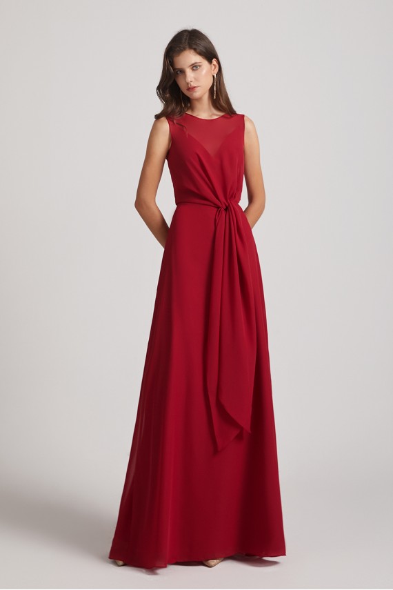 Boat Neckline Bridesmaid Dresses with Waist Tie and Back Keyhole