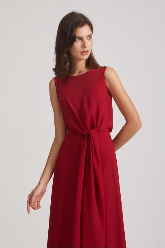 Boat Neckline Bridesmaid Dresses with Waist Tie and Back Keyhole