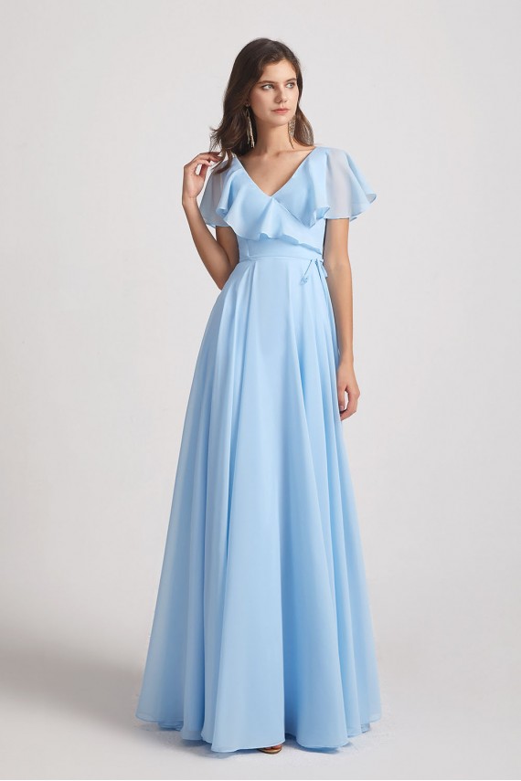 V-Neck Flutter Sleeve Long Chiffon Ruffles Bridesmaid Dresses