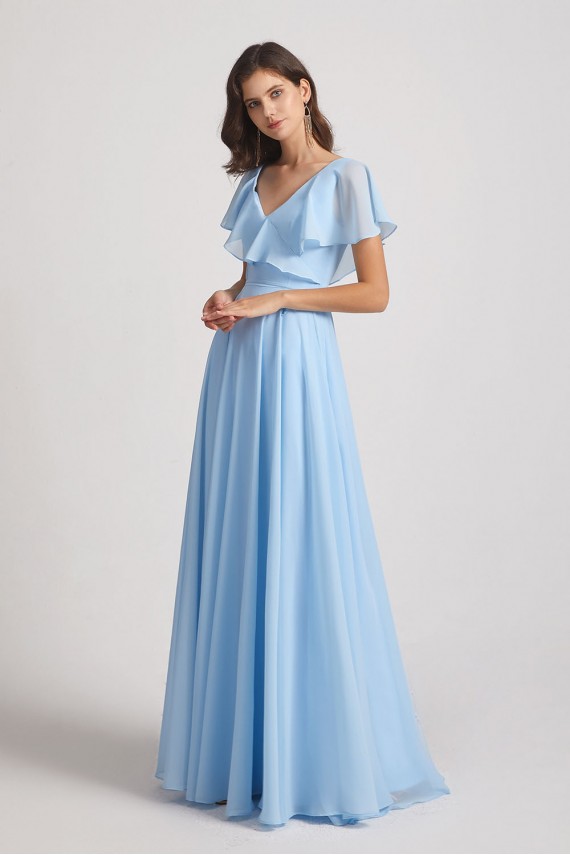 V-Neck Flutter Sleeve Long Chiffon Ruffles Bridesmaid Dresses