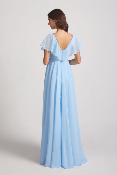 V-Neck Flutter Sleeve Long Chiffon Ruffles Bridesmaid Dresses