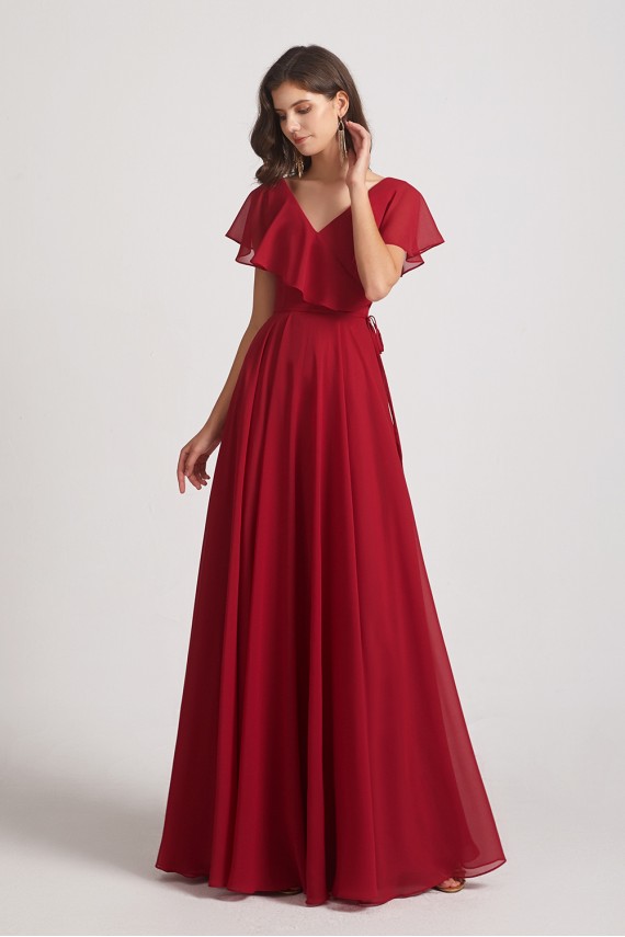 Ruffle Neckline Pleated Chiffon A-Line Bridesmaid Dresses