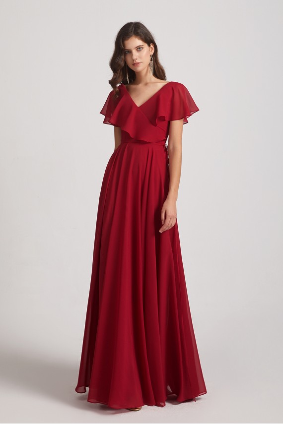 Ruffle Neckline Pleated Chiffon A-Line Bridesmaid Dresses