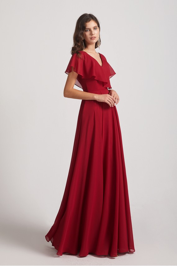 Ruffle Neckline Pleated Chiffon A-Line Bridesmaid Dresses