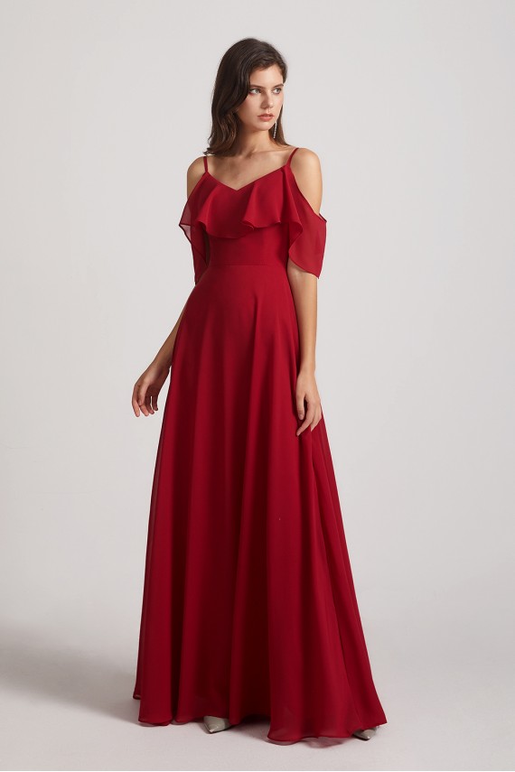 Cold Shoulder Chiffon Long Flowy Bridesmaid Dresses