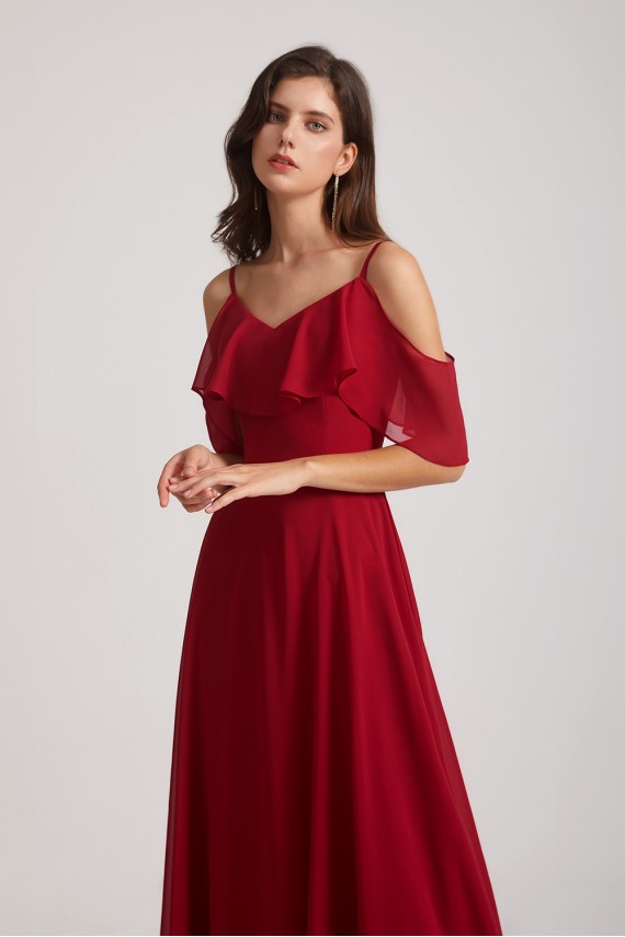 Cold Shoulder Chiffon Long Flowy Bridesmaid Dresses