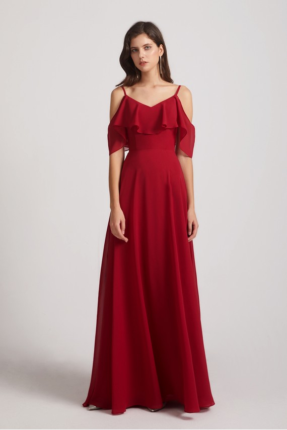 Cold Shoulder Chiffon Long Flowy Bridesmaid Dresses