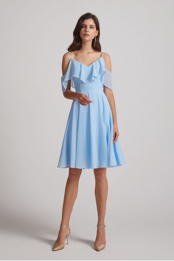 Cold Shoulder Flounce Blue Chiffon Short Bridesmaid Dresses