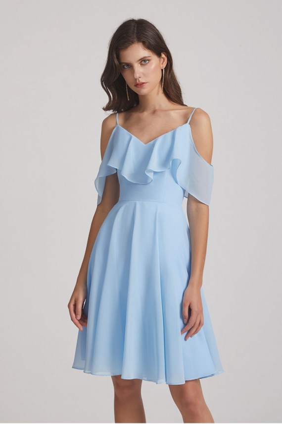 Cold Shoulder Flounce Blue Chiffon Short Bridesmaid Dresses
