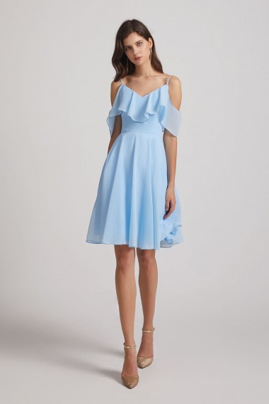 Cold Shoulder Flounce Blue Chiffon Short Bridesmaid Dresses