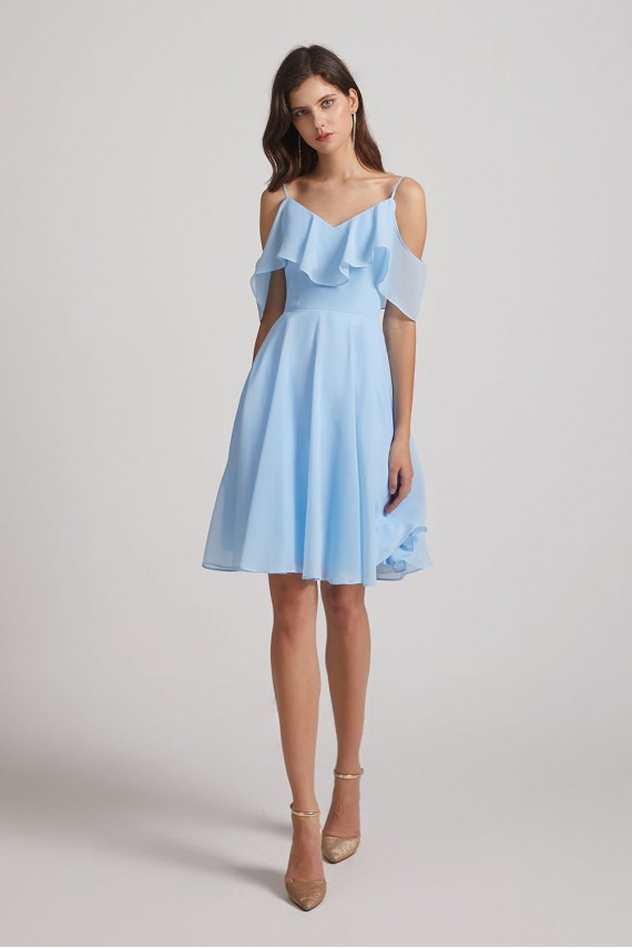 Cold Shoulder Flounce Blue Chiffon Short Bridesmaid Dresses