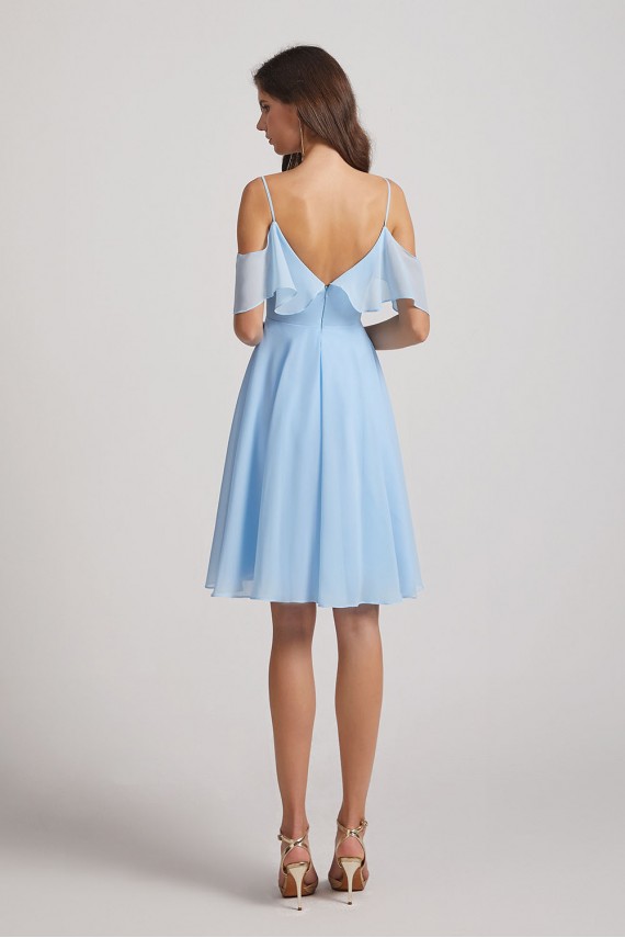 Cold Shoulder Flounce Blue Chiffon Short Bridesmaid Dresses