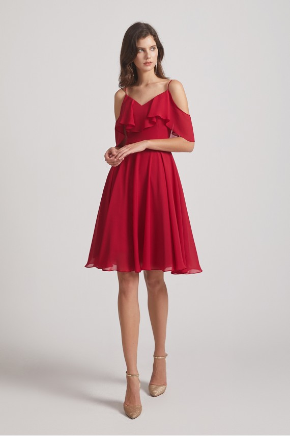 Knee Length Cold Shoulder Flounce Chiffon Bridesmaid Dresses