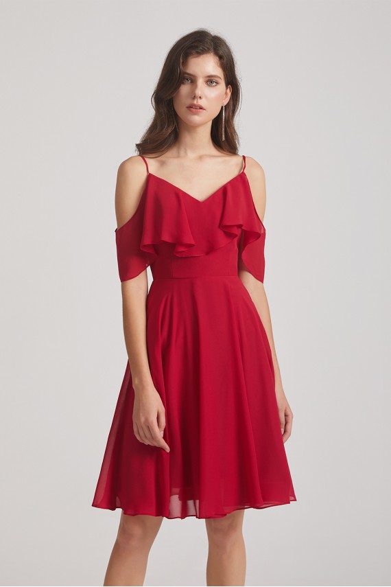 Knee Length Cold Shoulder Flounce Chiffon Bridesmaid Dresses