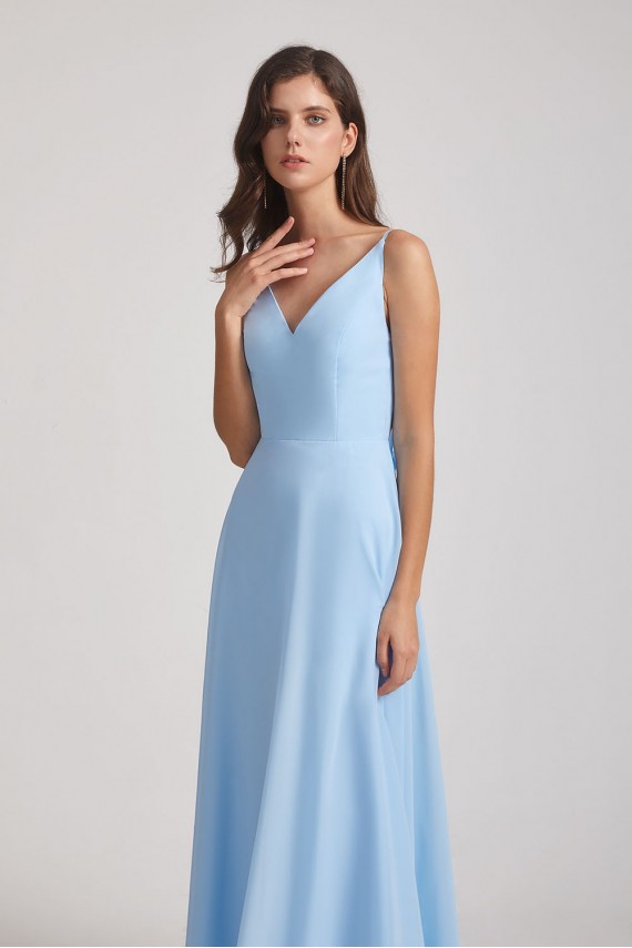Ruched V-Neck Spaghetti Straps Sleeveless Blue Bridesmaid Dresses