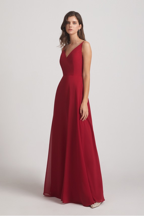 V-Neck Spaghetti Straps Chiffon Bridesmaid Dresses With Back Tie