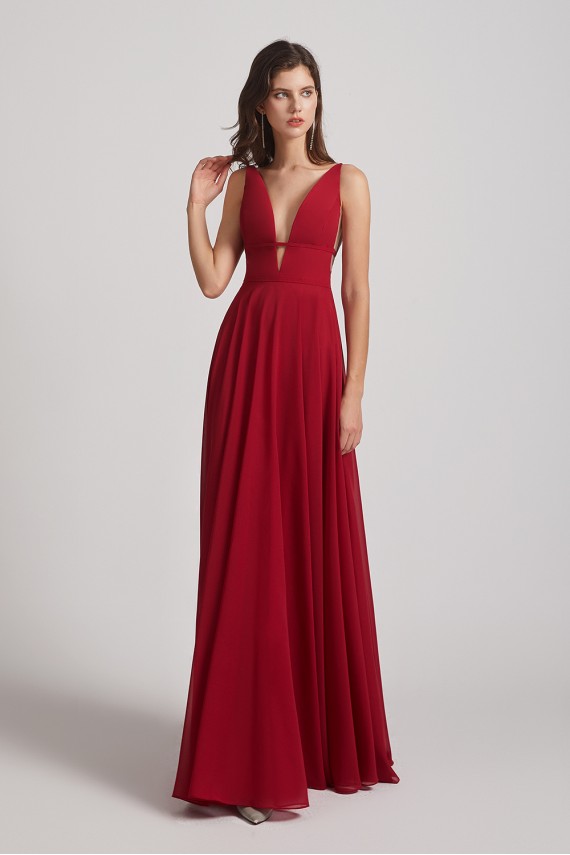 Straps Long Chiffon Plunging V-Neck Bridesmaid Dresses