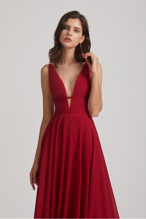 Straps Long Chiffon Plunging V-Neck Bridesmaid Dresses