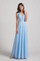Sleeveless V-Neck Crinkle Chiffon Long Blue Bridesmaid Dresses