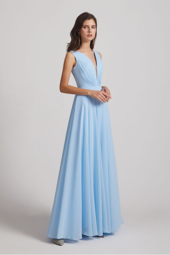 Sleeveless V-Neck Crinkle Chiffon Long Blue Bridesmaid Dresses