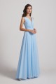 Sleeveless V-Neck Crinkle Chiffon Long Blue Bridesmaid Dresses