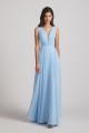 Sleeveless V-Neck Crinkle Chiffon Long Blue Bridesmaid Dresses