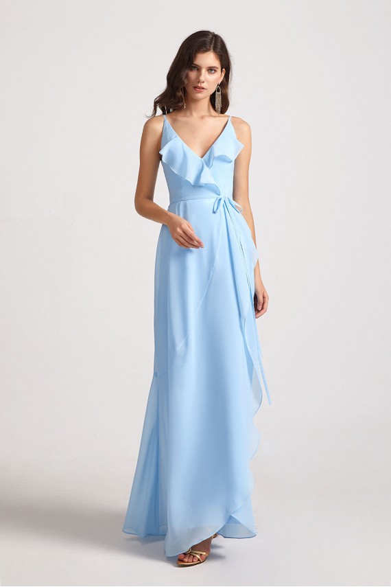 Maxi Wrap Singlet Bridesmaid Dresses with Tie Detail and Frills