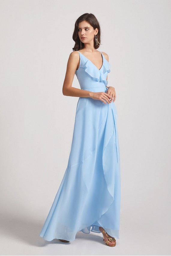 Maxi Wrap Singlet Bridesmaid Dresses with Tie Detail and Frills