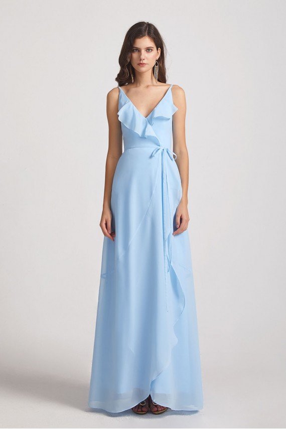 Maxi Wrap Singlet Bridesmaid Dresses with Tie Detail and Frills