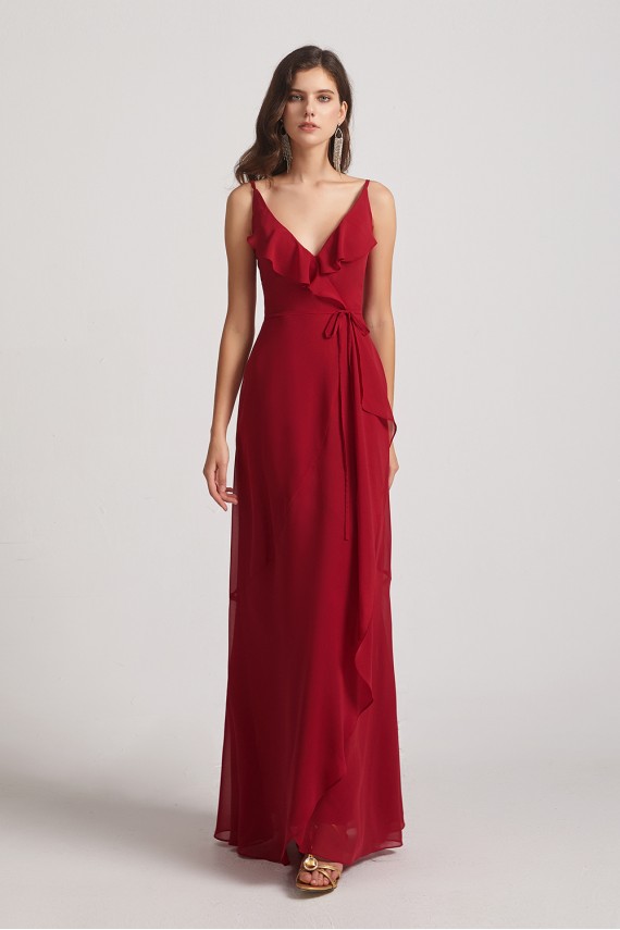 Spaghetti Straps Asymmetrical Frilled Wrap Bridesmaid Dresses