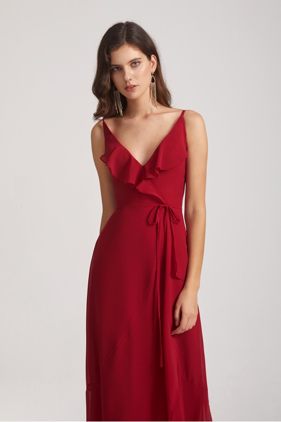 Spaghetti Straps Asymmetrical Frilled Wrap Bridesmaid Dresses