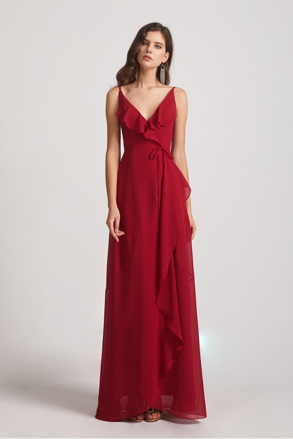 Spaghetti Straps Asymmetrical Frilled Wrap Bridesmaid Dresses