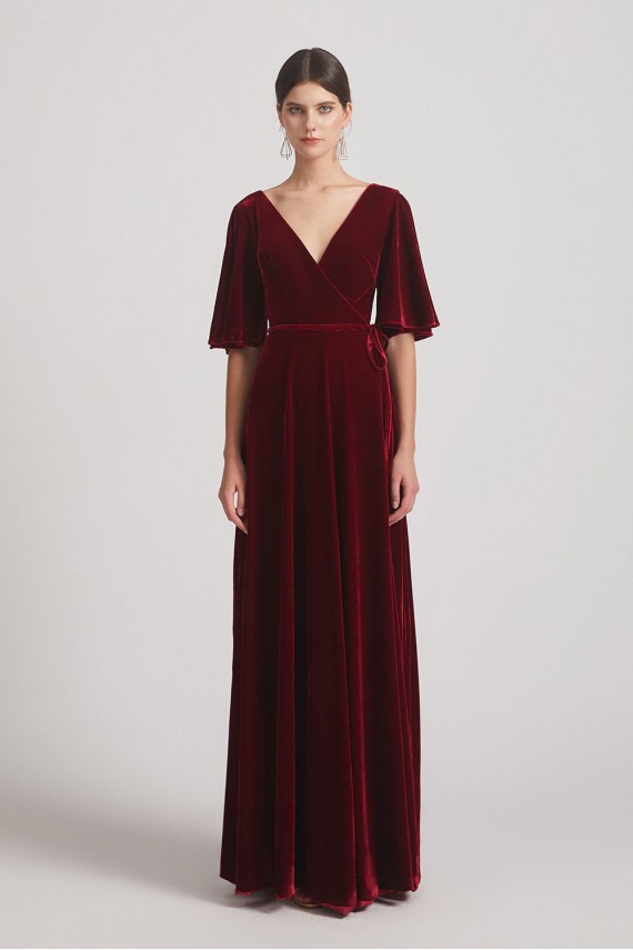Velvet Maxi Bridesmaid Dresses with Elbow Length Flutter Sleeves