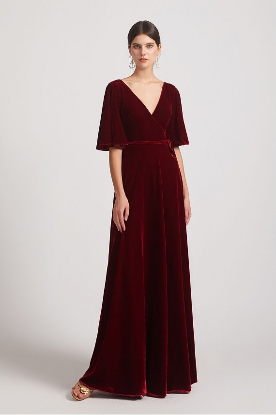 Velvet Maxi Bridesmaid Dresses with Elbow Length Flutter Sleeves