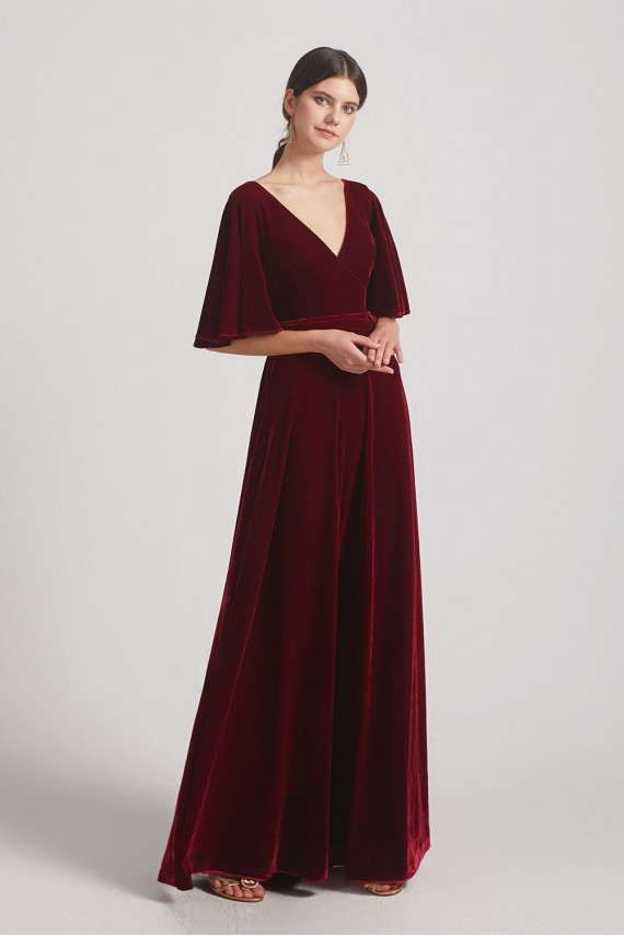 Velvet Maxi Bridesmaid Dresses with Elbow Length Flutter Sleeves
