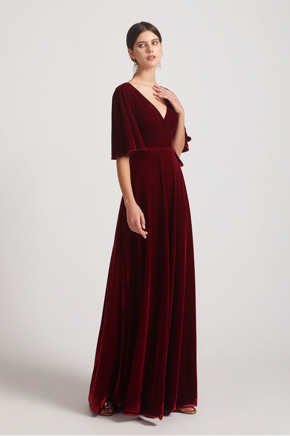 Velvet Maxi Bridesmaid Dresses with Elbow Length Flutter Sleeves
