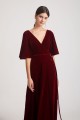 Velvet Maxi Bridesmaid Dresses with Elbow Length Flutter Sleeves