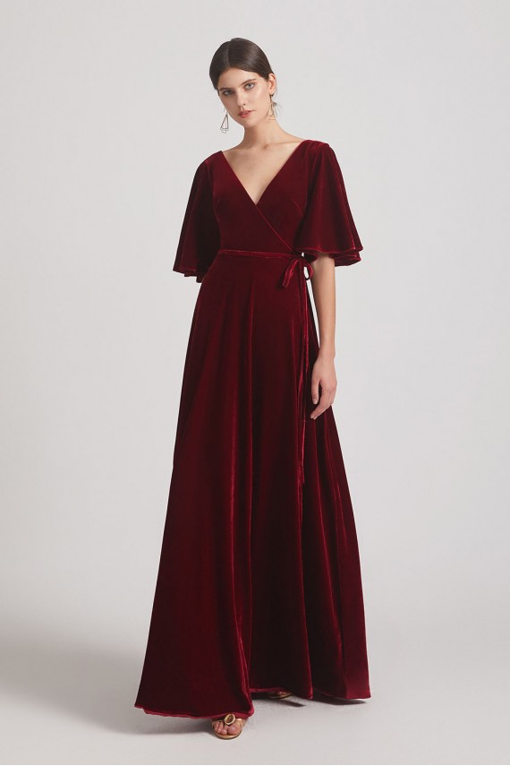Velvet Maxi Bridesmaid Dresses with Elbow Length Flutter Sleeves
