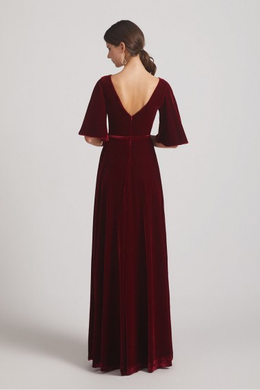 Velvet Maxi Bridesmaid Dresses with Elbow Length Flutter Sleeves