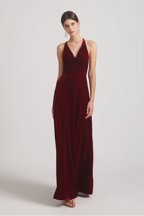 Velvet Cowl Neck Bridesmaid Dresses with Open Back