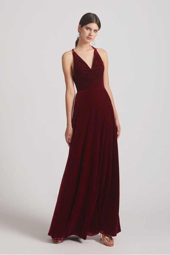 Velvet Cowl Neck Bridesmaid Dresses with Open Back