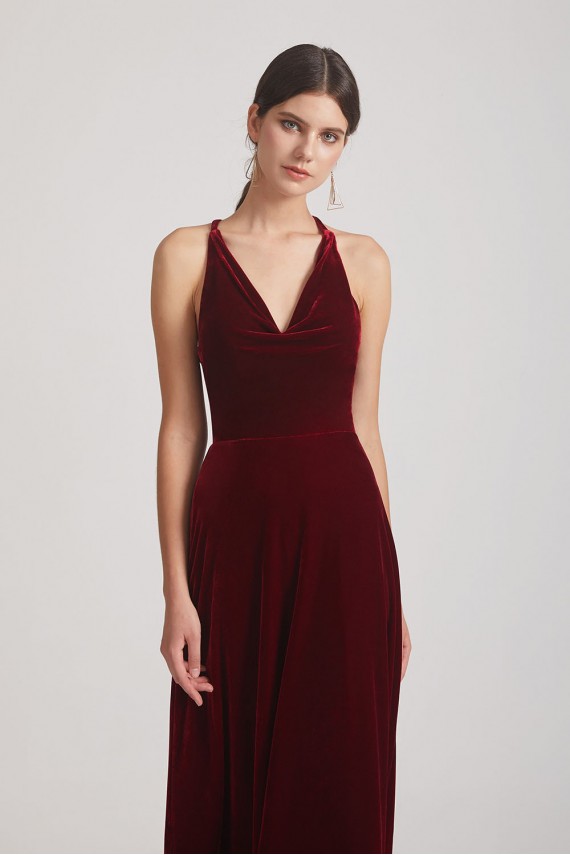 Velvet Cowl Neck Bridesmaid Dresses with Open Back