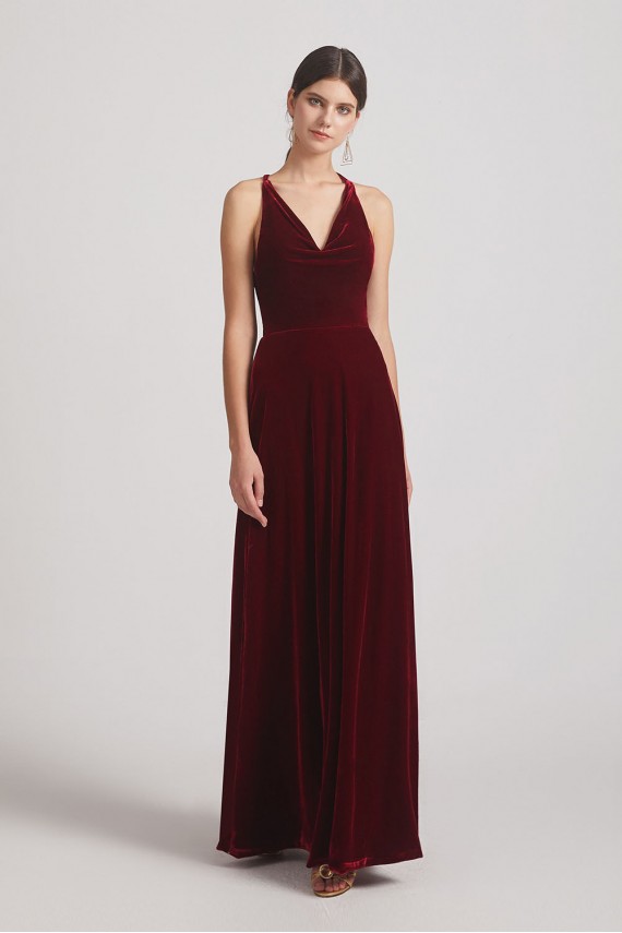 Velvet Cowl Neck Bridesmaid Dresses with Open Back