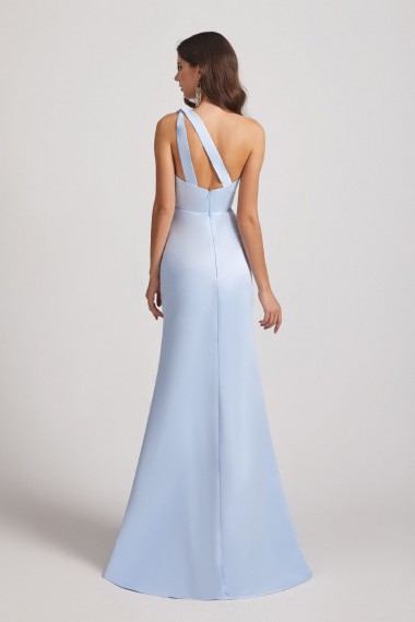 One Shoulder Satin Sheath Long Bridesmaid Dresses with Open Back