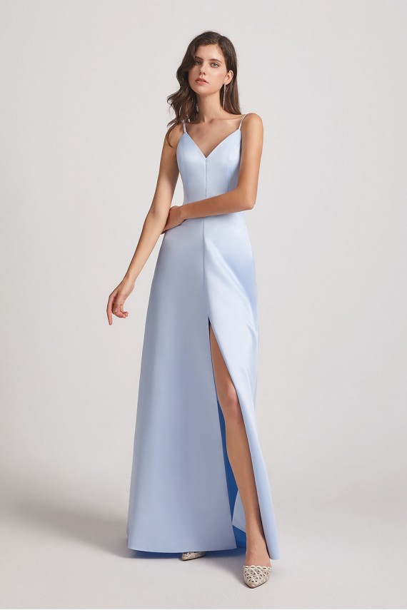 V-Neck Spaghetti Straps Sexy Bridesmaid Dresses with Front Slit
