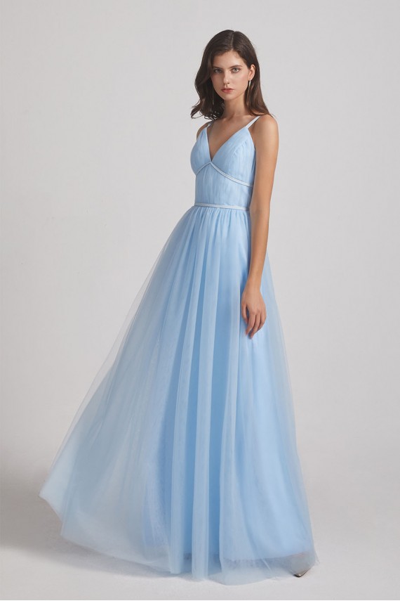 Backless Tulle V-Neck Spaghetti Straps A-Line Bridesmaid Dresses