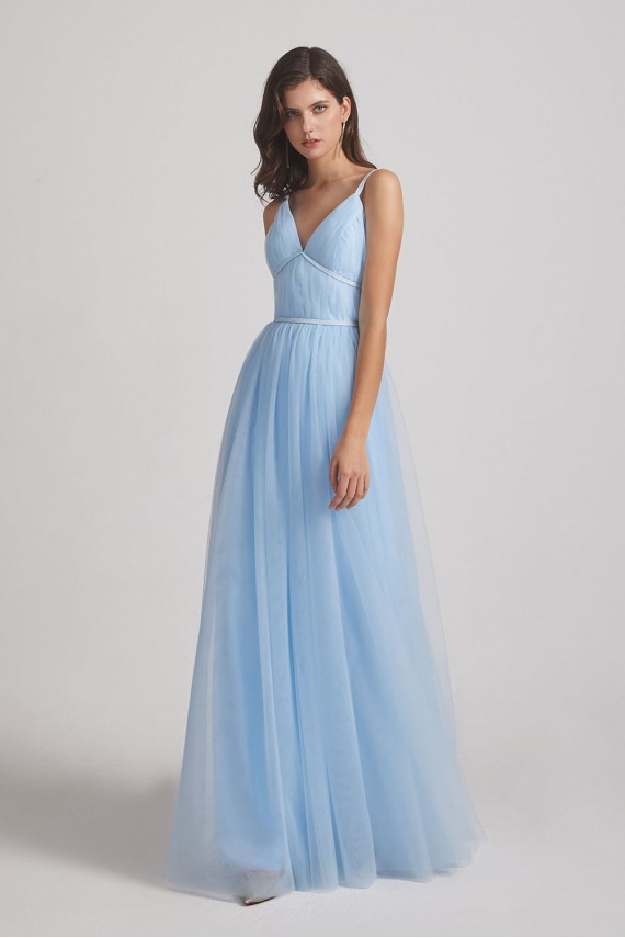 Backless Tulle V-Neck Spaghetti Straps A-Line Bridesmaid Dresses