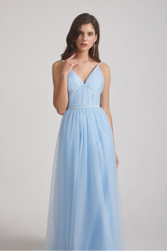 Backless Tulle V-Neck Spaghetti Straps A-Line Bridesmaid Dresses