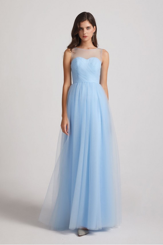 Sleeveless Ruched Tulle Jewel Illusion Bridesmaid Dresses